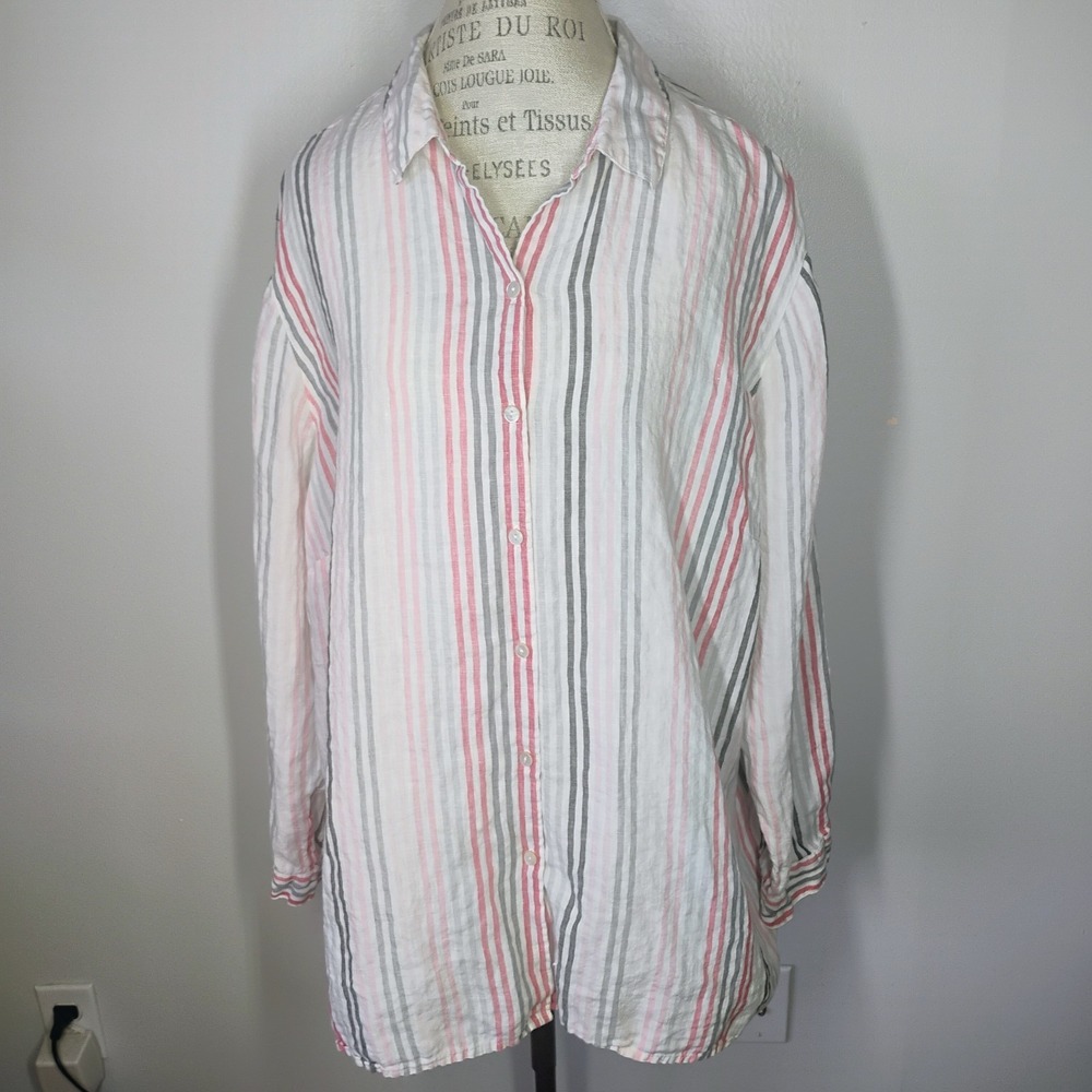J.Jill Womens 4XL Love‎ Linen Button Shirt White Multicolor Stripe Long Sleeve